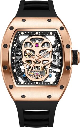 Free Focus Unique Men Watches,Automatic Mechanical Watch,Luxury Skeleton Tonneau Watches for Men with Stainless Steel Case and Black Silicon Band (Rubies Movement/5ATM Waterproof/Super_Luminous) in Saudi Arabia
