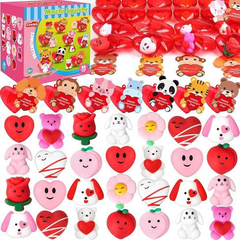 28 Pack Valentines Day Gifts for Kids, Kawaii Mochi Squishies Party Favor Set with Valentines Animal Greeting Cards for Kids, Valentine's Day Classroom Exchange Gifts Set, School Prizes Party Favor in Kuwait