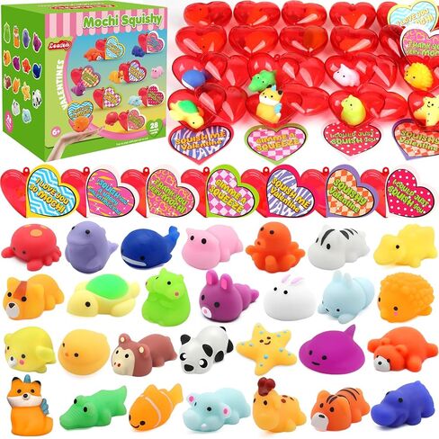 28 Pack Valentines Day Gifts for Kids, Kawaii Mochi Squishies Party Favor Set with Valentines Animal Greeting Cards for Kids, Valentine's Day Classroom Exchange Gifts Set, School Prizes Party Favor in Kuwait