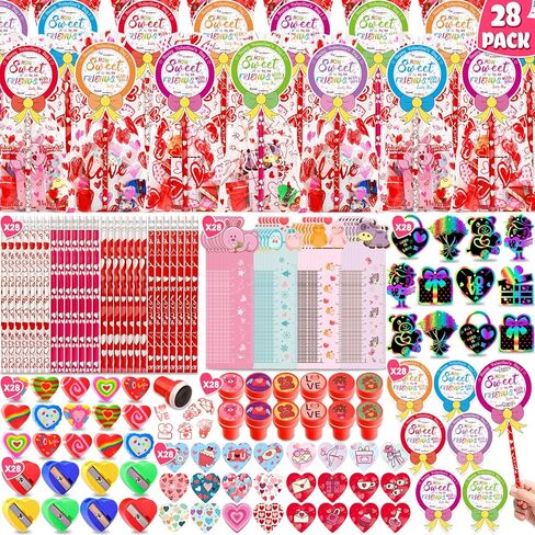 Adisher 24 Pack Valentines Day Gifts for Kids, Valentines Day Cards for Kids School Stationery Set with Cards Pencils Stickers Erasers Sharpener Cups Classroom Prize School Exchange Boys Girls in Kuwait