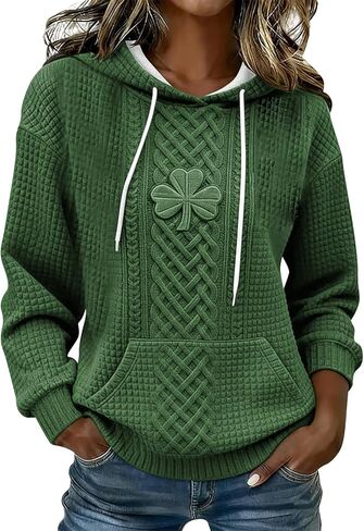 GQN St. Patrick's Day Hoodie for Women, 3D Print Shamrock & Celtic Knot Pattern Pullover Sweatshirt with Front Pocket in Saudi Arabia
