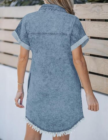 BestGirl Denim Shirt Dress for Women Short Sleeve Button Down Casual Summer Jean Dresses in Saudi Arabia