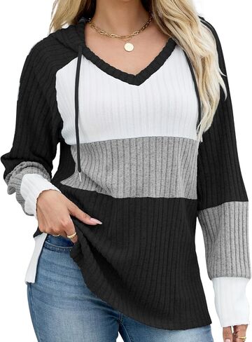 Quatrefox Sweaters for Women Fall Winter Color Block Tops Long Sleeve Hoodie Loose Casual Fashion Pullover Clothes in Saudi Arabia