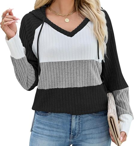 Quatrefox Sweaters for Women Fall Winter Color Block Tops Long Sleeve Hoodie Loose Casual Fashion Pullover Clothes in Saudi Arabia
