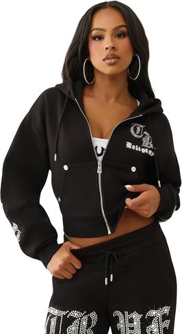 True Religion Crystal Logo Crop Zip Hoodie for Women – Cozy Fleece-Lined Cotton Blend in Saudi Arabia