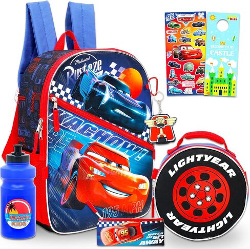 Disney Cars Backpack with Lunch Box Set - Bundle with 16'' Lightning McQueen and Jackson Storm School Bag, Lunch Bag, Water Bottle, Stickers, More | Disney Cars Backpack for Kids in Saudi Arabia