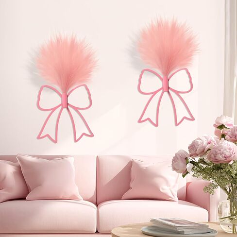 Zzbakress 2 Pcs Boho Pink Bow Wall Decor with Artificial Pampas Metal Wall Art Hanging Decor for Girls Room Nursery Living Room Bathroom Coquette Preppy Home Decor (Bow, Pink, Medium) in Saudi Arabia