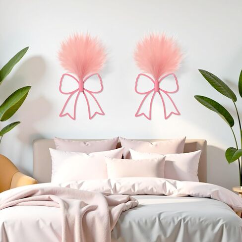 Zzbakress 2 Pcs Boho Pink Bow Wall Decor with Artificial Pampas Metal Wall Art Hanging Decor for Girls Room Nursery Living Room Bathroom Coquette Preppy Home Decor (Bow, Pink, Medium) in Saudi Arabia