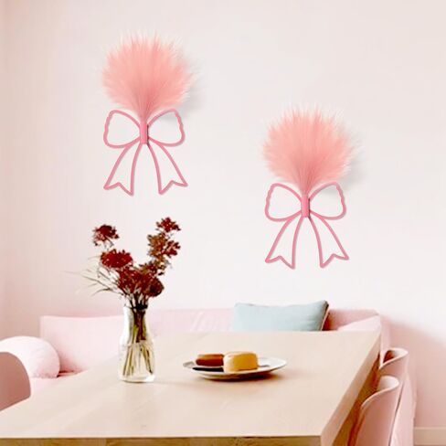 Zzbakress 2 Pcs Boho Pink Bow Wall Decor with Artificial Pampas Metal Wall Art Hanging Decor for Girls Room Nursery Living Room Bathroom Coquette Preppy Home Decor (Bow, Pink, Medium) in Saudi Arabia