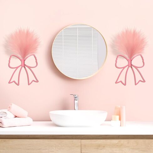 Zzbakress 2 Pcs Boho Pink Bow Wall Decor with Artificial Pampas Metal Wall Art Hanging Decor for Girls Room Nursery Living Room Bathroom Coquette Preppy Home Decor (Bow, Pink, Medium) in Saudi Arabia