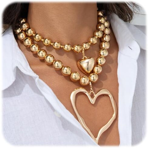 Chunky Heart Necklace for Women,Y2k Large Pearl Beads Heart Choker Necklaces Exaggerated Big Hollow Love Pendant Necklace Dainty Statement Jewelry Gift in Saudi Arabia