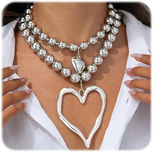 Chunky Heart Necklace for Women,Y2k Large Pearl Beads Heart Choker Necklaces Exaggerated Big Hollow Love Pendant Necklace Dainty Statement Jewelry Gift in Saudi Arabia
