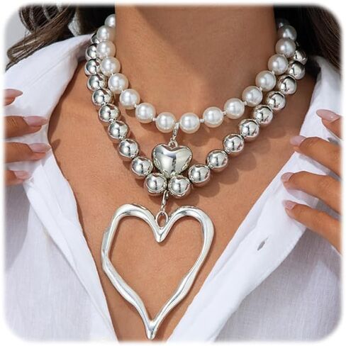 Chunky Heart Necklace for Women,Y2k Large Pearl Beads Heart Choker Necklaces Exaggerated Big Hollow Love Pendant Necklace Dainty Statement Jewelry Gift in Saudi Arabia