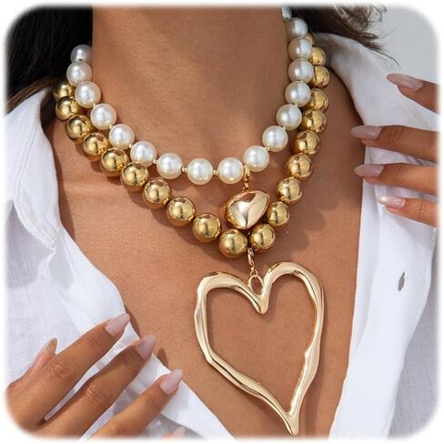 Chunky Heart Necklace for Women,Y2k Large Pearl Beads Heart Choker Necklaces Exaggerated Big Hollow Love Pendant Necklace Dainty Statement Jewelry Gift in Saudi Arabia