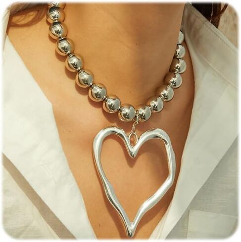 Chunky Heart Necklace for Women,Y2k Large Pearl Beads Heart Choker Necklaces Exaggerated Big Hollow Love Pendant Necklace Dainty Statement Jewelry Gift in Saudi Arabia