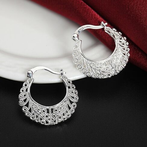 White Gold Plated Filigree Hollowed Hoop Earrings for Women Daily Evening Parties Wear Lightweight Jewelry Earring Gift for Her in Saudi Arabia
