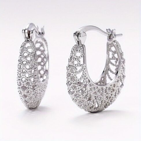 White Gold Plated Filigree Hollowed Hoop Earrings for Women Daily Evening Parties Wear Lightweight Jewelry Earring Gift for Her in Saudi Arabia