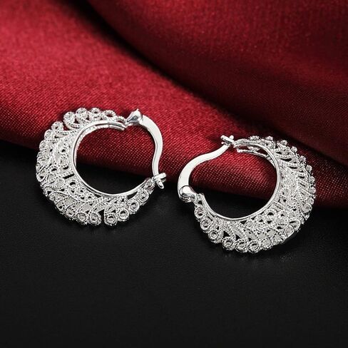 White Gold Plated Filigree Hollowed Hoop Earrings for Women Daily Evening Parties Wear Lightweight Jewelry Earring Gift for Her in Saudi Arabia
