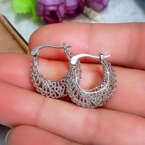 White Gold Plated Filigree Hollowed Hoop Earrings for Women Daily Evening Parties Wear Lightweight Jewelry Earring Gift for Her in Saudi Arabia