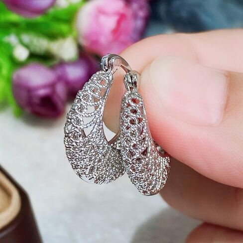 White Gold Plated Filigree Hollowed Hoop Earrings for Women Daily Evening Parties Wear Lightweight Jewelry Earring Gift for Her in Saudi Arabia
