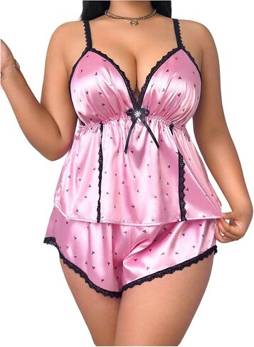 OYOANGLE Women's Plus Size Silky Satin Pajama Set Cute Heart Print Ruffle Cami Top and Shorts Sleepwear in Saudi Arabia
