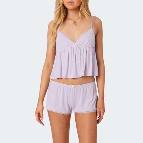 Women's Summer Lounge Set Sleeveless V Neck Cami Babydoll Crop Tops Lace Trim Low Rise Shorts Sleepwear in Saudi Arabia
