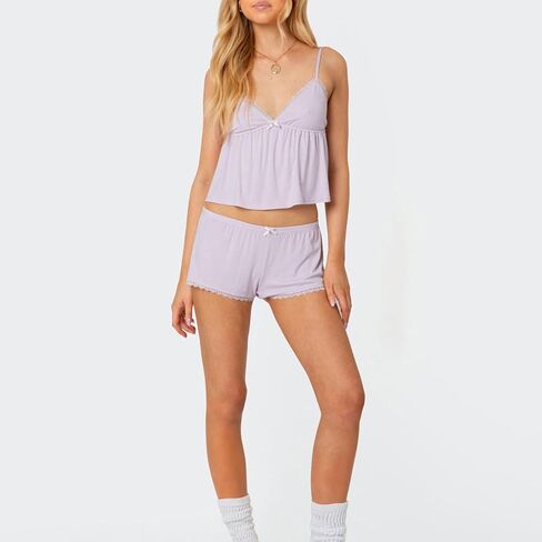 Women's Summer Lounge Set Sleeveless V Neck Cami Babydoll Crop Tops Lace Trim Low Rise Shorts Sleepwear in Saudi Arabia