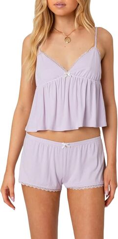 Women's Summer Lounge Set Sleeveless V Neck Cami Babydoll Crop Tops Lace Trim Low Rise Shorts Sleepwear in Saudi Arabia