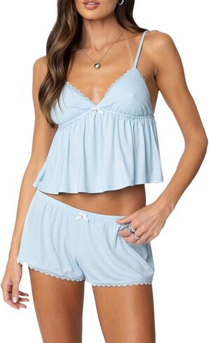 Women's Summer Lounge Set Sleeveless V Neck Cami Babydoll Crop Tops Lace Trim Low Rise Shorts Sleepwear in Saudi Arabia