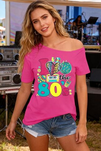 SFHFY 90s الزي للنساء 90's موضوع حفلة ديسكو قميص خمر 80s النيون قبالة الكتف قمصان ريترو 90s بلايز in Kuwait