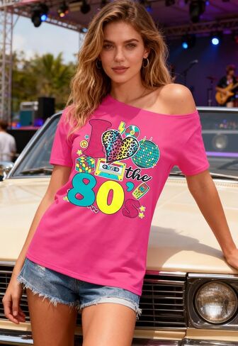 SFHFY 90s الزي للنساء 90's موضوع حفلة ديسكو قميص خمر 80s النيون قبالة الكتف قمصان ريترو 90s بلايز in Kuwait