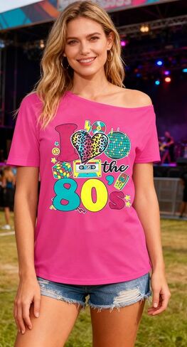 SFHFY 90s الزي للنساء 90's موضوع حفلة ديسكو قميص خمر 80s النيون قبالة الكتف قمصان ريترو 90s بلايز in Kuwait