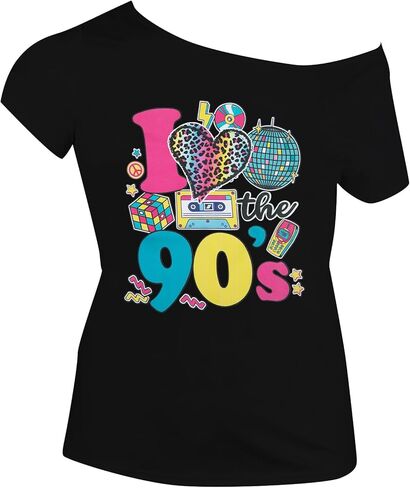 SFHFY 90s الزي للنساء 90's موضوع حفلة ديسكو قميص خمر 80s النيون قبالة الكتف قمصان ريترو 90s بلايز in Kuwait