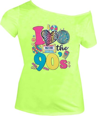 SFHFY 90s الزي للنساء 90's موضوع حفلة ديسكو قميص خمر 80s النيون قبالة الكتف قمصان ريترو 90s بلايز in Kuwait