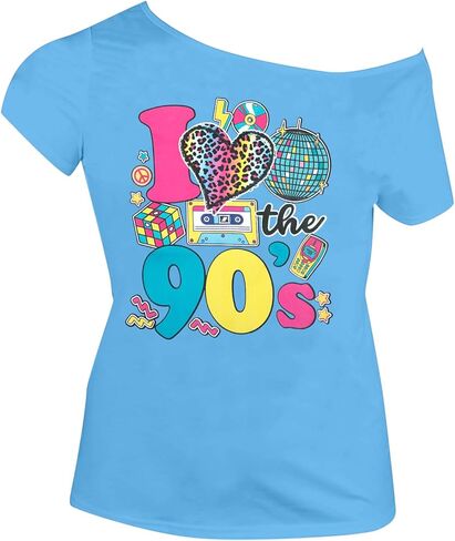 SFHFY 90s الزي للنساء 90's موضوع حفلة ديسكو قميص خمر 80s النيون قبالة الكتف قمصان ريترو 90s بلايز in Kuwait