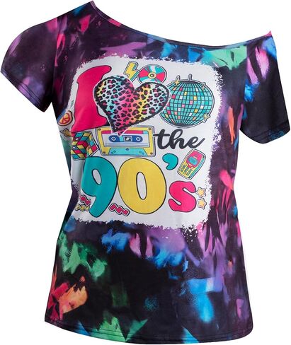 SFHFY 90s الزي للنساء 90's موضوع حفلة ديسكو قميص خمر 80s النيون قبالة الكتف قمصان ريترو 90s بلايز in Kuwait