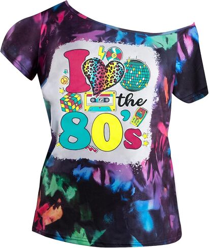 SFHFY 90s الزي للنساء 90's موضوع حفلة ديسكو قميص خمر 80s النيون قبالة الكتف قمصان ريترو 90s بلايز in Kuwait