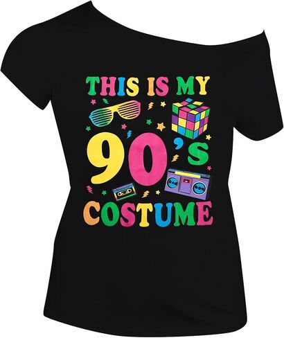 SFHFY 90s الزي للنساء 90's موضوع حفلة ديسكو قميص خمر 80s النيون قبالة الكتف قمصان ريترو 90s بلايز in Kuwait