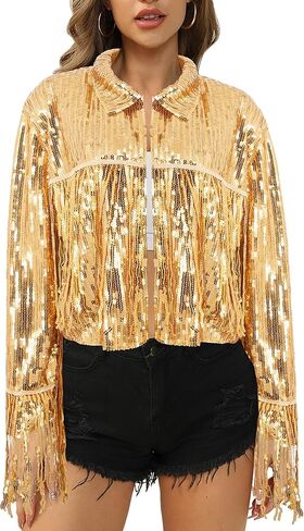 Segreto Women's Glitter Sequin Tassels Bomber Open Front Jacket Shiny Fringe Long Sleeve Coat Cardigan Blazer Disco Outfits in Saudi Arabia