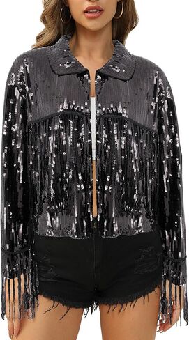 Segreto Women's Glitter Sequin Tassels Bomber Open Front Jacket Shiny Fringe Long Sleeve Coat Cardigan Blazer Disco Outfits in Saudi Arabia