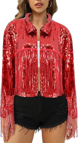 Segreto Women's Glitter Sequin Tassels Bomber Open Front Jacket Shiny Fringe Long Sleeve Coat Cardigan Blazer Disco Outfits in Saudi Arabia