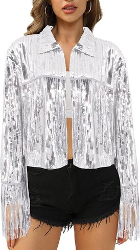 Segreto Women's Glitter Sequin Tassels Bomber Open Front Jacket Shiny Fringe Long Sleeve Coat Cardigan Blazer Disco Outfits in Saudi Arabia