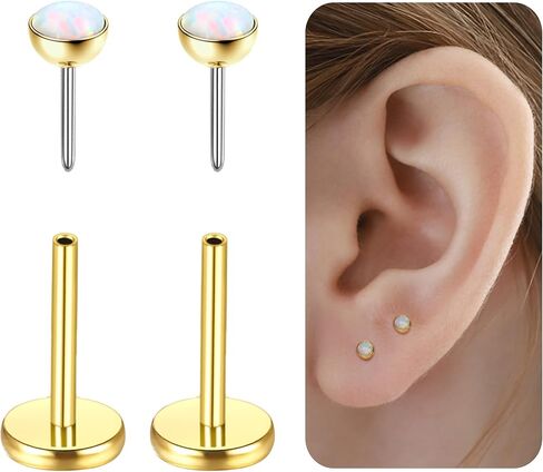 G23 Titanium Hypoallergenic Threadless Flat Back Earrings 20G Push in Cartilage Studs for Women 14K Gold CZ Opal Ball Pearl Nose Studs Labret Helix Labret Conch Medusa Monroe Tragus Piercing Jewelry in Saudi Arabia