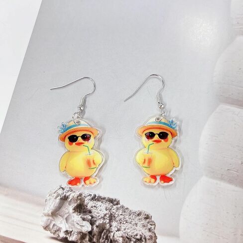 Yellow Duck Acrylic Dangling Cute Cartoon Hook Earrings for Women Funny Creative Animal Duckie with Sunglasses and Beach Hat Dangle Drop Lightweight Earring Summer Vcation Novelty Ducky Jewelry in Saudi Arabia
