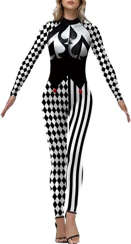 Bemeiren Jester Costume for Womens Creepy Clown Bodysuit Scary Joker Long Sleeve Outfit Costume Halloween Cosplay in Saudi Arabia