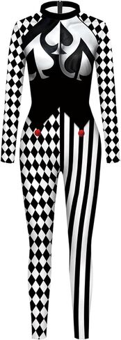 Bemeiren Jester Costume for Womens Creepy Clown Bodysuit Scary Joker Long Sleeve Outfit Costume Halloween Cosplay in Saudi Arabia