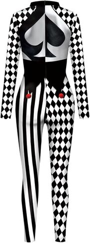 Bemeiren Jester Costume for Womens Creepy Clown Bodysuit Scary Joker Long Sleeve Outfit Costume Halloween Cosplay in Saudi Arabia
