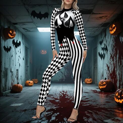 Bemeiren Jester Costume for Womens Creepy Clown Bodysuit Scary Joker Long Sleeve Outfit Costume Halloween Cosplay in Saudi Arabia