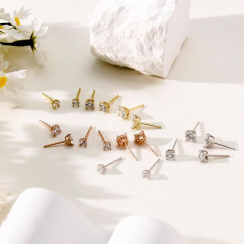 3 Pairs 14K Gold Plated Cubic Zirconia Stud Earrings | 4mm 5mm 6mm Size Set | S925 Silver Ear Posts, Hypoallergenic for Women & Men in Saudi Arabia