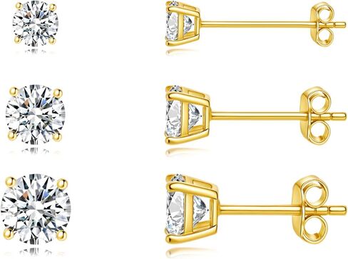 3 Pairs 14K Gold Plated Cubic Zirconia Stud Earrings | 4mm 5mm 6mm Size Set | S925 Silver Ear Posts, Hypoallergenic for Women & Men in Saudi Arabia